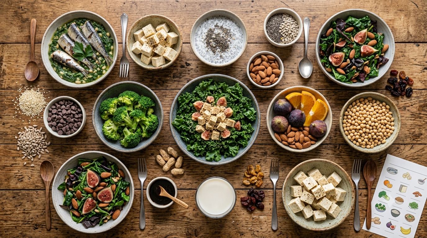 Variedad de alimentos nutritivos: pescado, tofu, verduras, frutos secos y legumbres