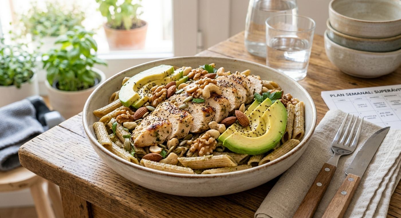 Plato abundante con pasta integral, pollo, aguacate y frutos secos