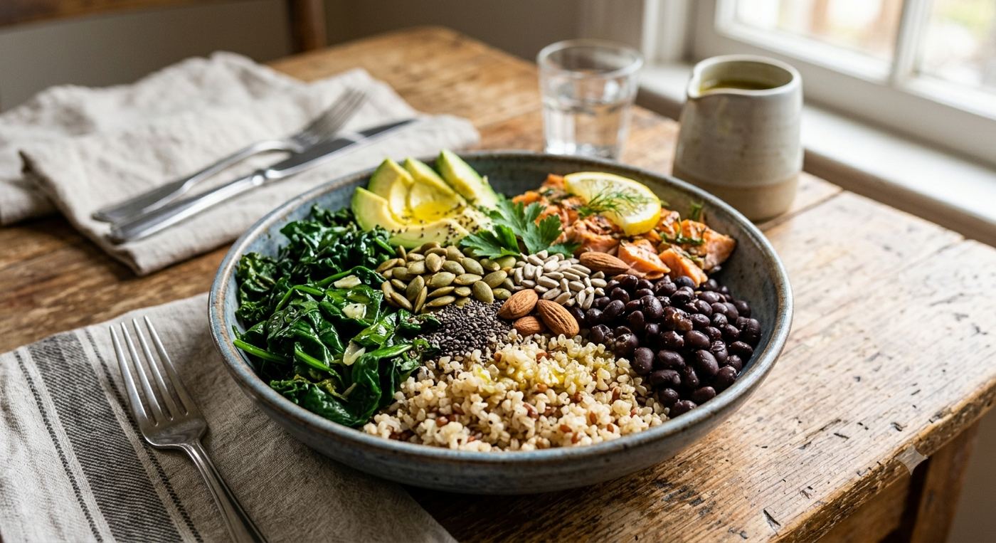 Bowl saciante con salmón, quinoa, legumbres y verduras