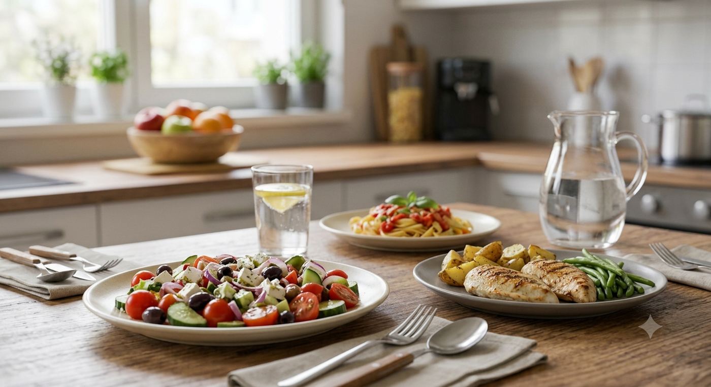 Mesa con platos de comida casera equilibrada: ensalada, pasta y pollo con verduras