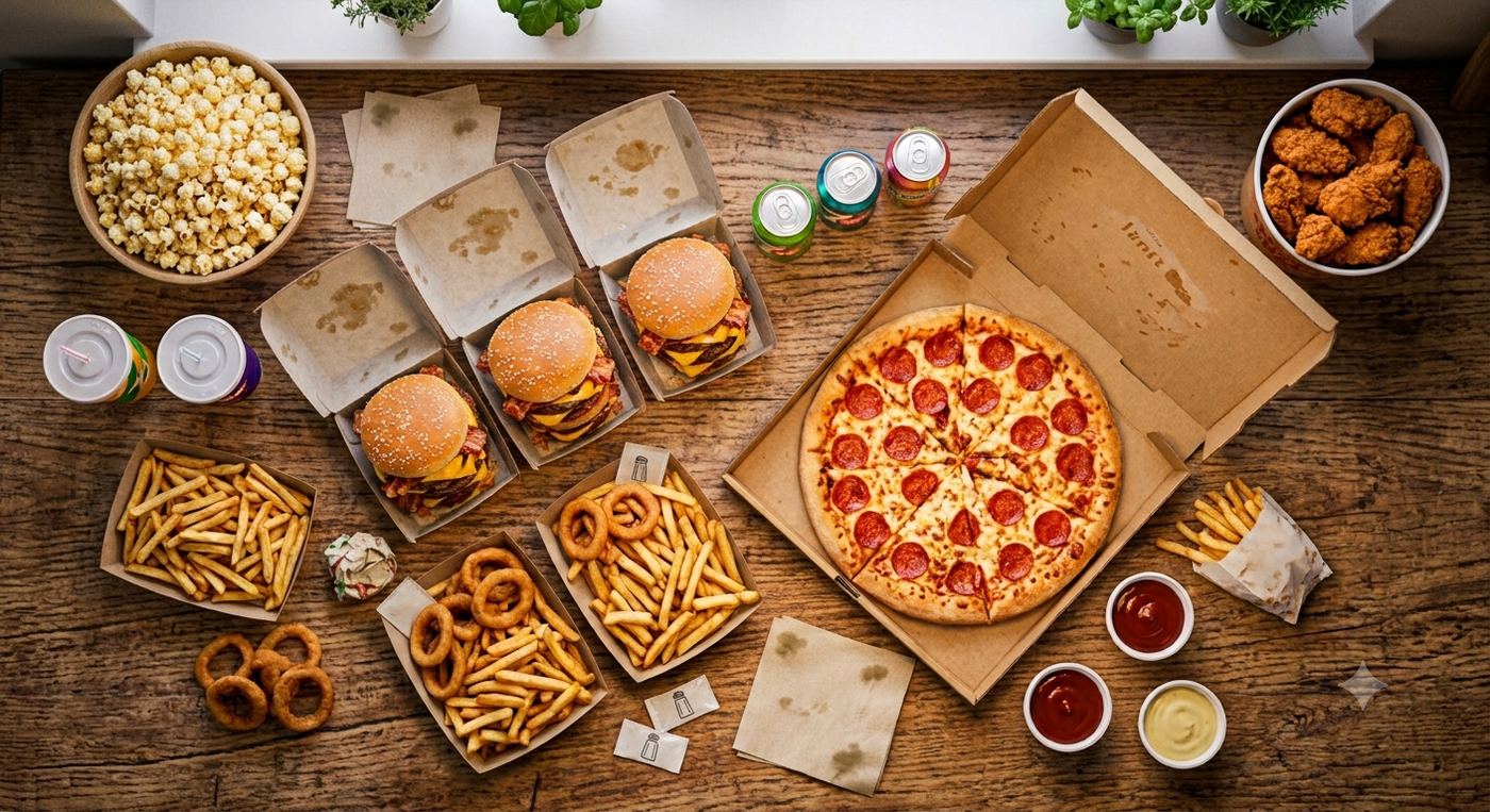 Selección de comida rápida y ultraprocesada: pizza, hamburguesas, patatas fritas y refrescos