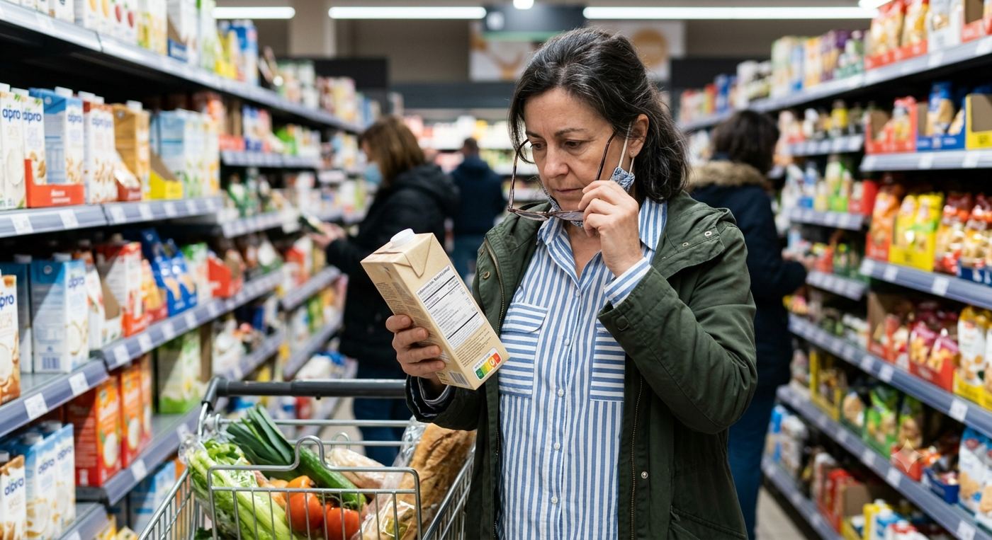 Mujer leyendo la etiqueta nutricional de un producto en el supermercado