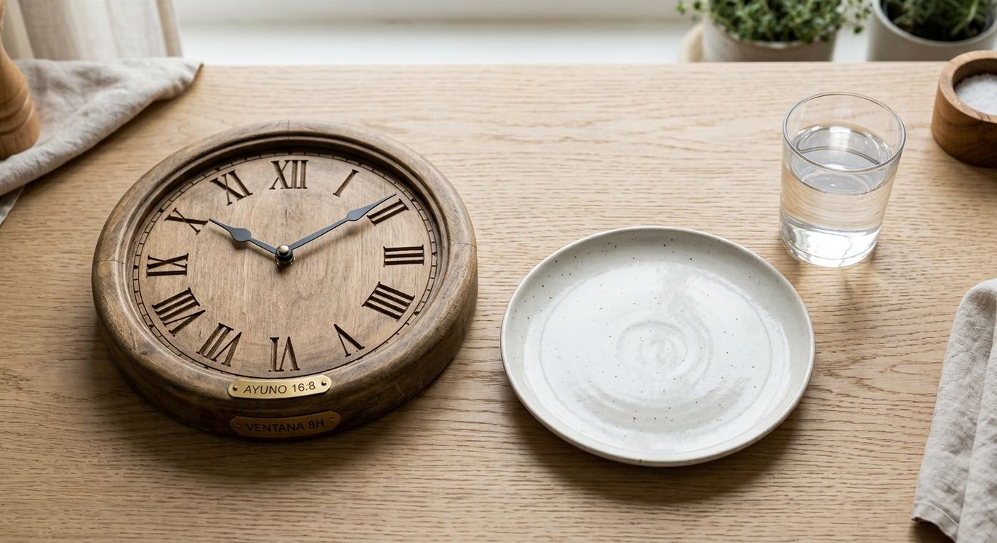 Reloj y plato vacío representando la ventana de ayuno de 16 horas