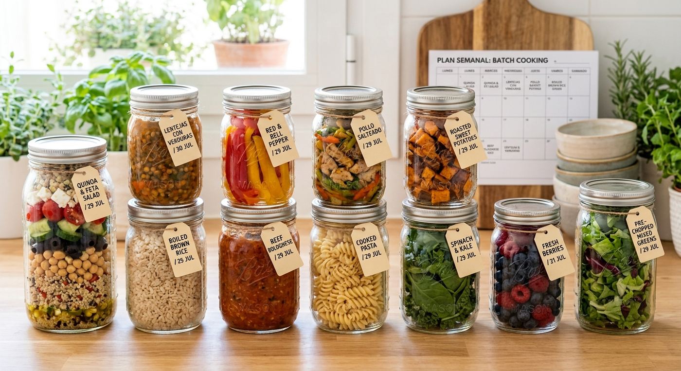 Tarros de cristal con comida preparada y organizada para toda la semana